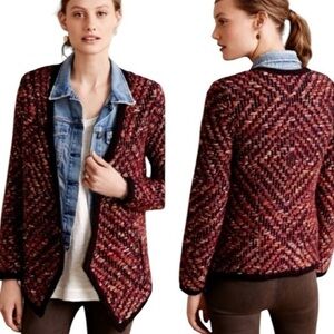 Anthropologie Moth Keavy Jacquard Wool Cotton Blend Knit Open Sweater Cardigan M